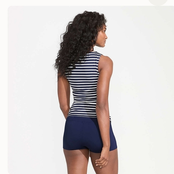 Land's End High-Neck Navy Blue White Stripe Tankini Swim Top Petite Size 8P - Picture 2 of 10
